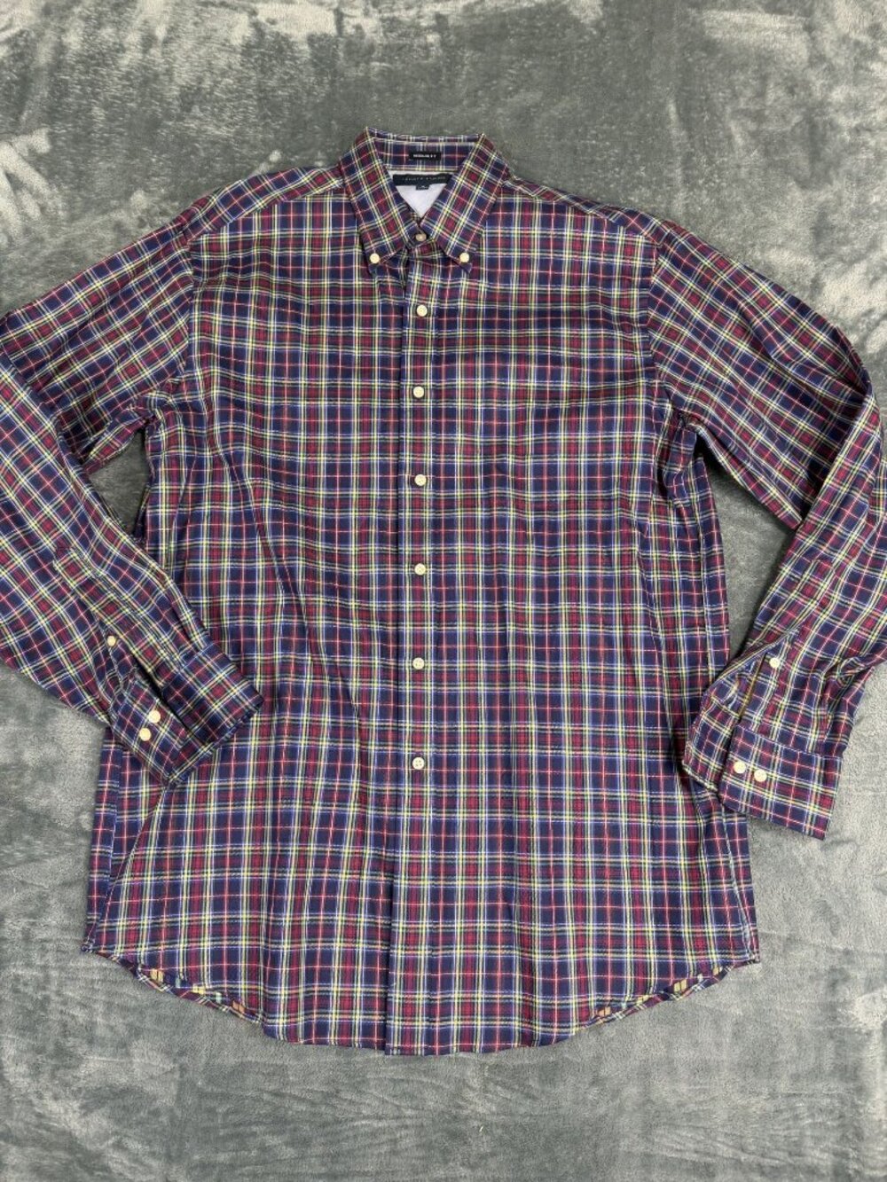 Tommy Hilfiger Mens Red Blue Yellow Plaid Button-Down Shirt 16 34-35